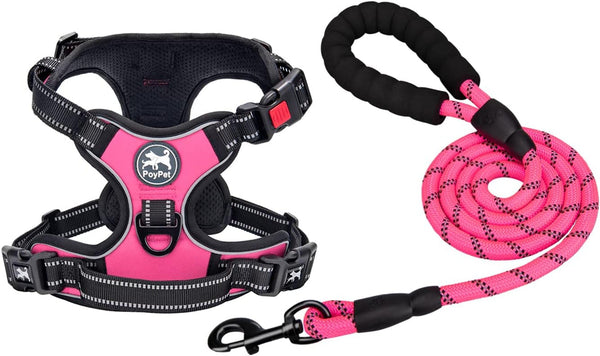 Poypet No Pull Dog Harness and 5 Feet Leash Set, Release on Neck Reflective Adjustable Pet Vest, Front & Back 2 D-Ring and Soft Padded Pet Harness with Handle for Small to Large Dogs(Grey,L)13