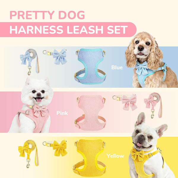Small Dog Collar Harness and Leash Set, Dog Harness No Pull with Bowtie, Breathable Cotton Adjustable Pet Puppy Harness, Easy Walk Dog Harness, S(14–18.9")7