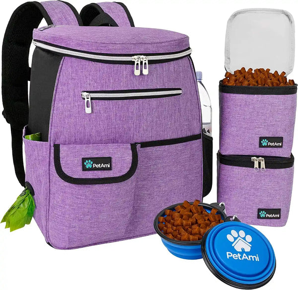Petami Dog Travel Bag Backpack, 27L Airline Approved Pet Supplies Organizer with 2 Food Containers, 2 Collapsible Bowls & Poop Bag Dispenser, Weekend Road Trip Camping Dog Mom Gift, Purple1