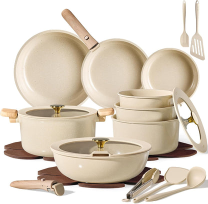 25Pcs Ceramic Cookware Set, Pots and Pans Set with Detachable Handle | Non-Stick, Non-Toxic, PFAS & PFOA Free, Induction Compatible, Dishwasher & Oven Safe, Space Saving, Camping Cooking, Oatmeal1
