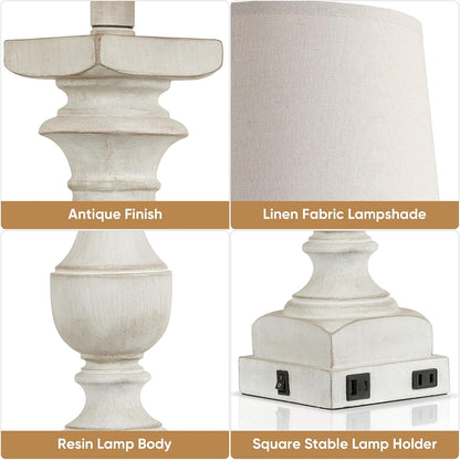 28'' Washed White Resin Table Lamp Set of 2,Beside Lamp with USB Port | Rocker Switch, 2 Bulbs Included, 6W, 2700K Warm Light, Farmhouse Bedside Lamp for Nightstand, Desk, Livingroom, Bedroom Decor6