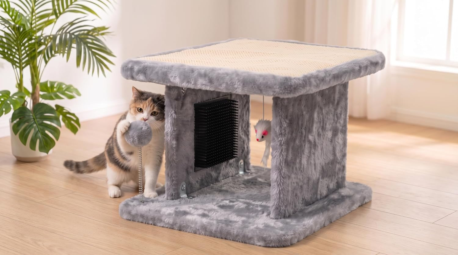 large-cat-bed-with-scratching-post-and-combing-board-sturdy-and-durable-ideal-for-small-breeds-large-plush-cat-tunnel-with-a-removable-sisal-scratch-pad-grooming-brush-hanging-toys-and-spacious-hideaway-for-cats
