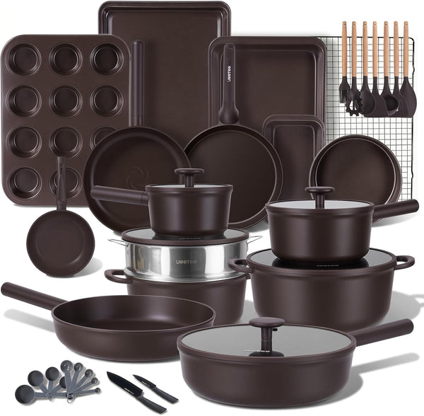 50-Piece Titanium Pots and Pans Set Nonstick with 6Pc Bakeware | Cookware Sets for New Home Cooking, Healthy Pot and Pan Set Induction & Oven & Dishwasher Safe, PTFE & PFAS Free, with Lid1