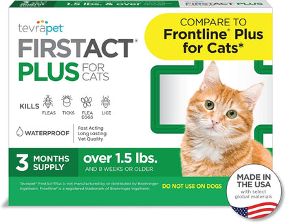 Tevrapet Firstact plus Flea and Tick Topical for Cats over 1.5Lbs, 3 Dose Waterproof Flea and Tick Control/Prevention for 3 Months1