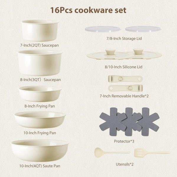 Pots and Pans Non Stick,16Pcs Ceramic Nonstick Cookware Sets, Induction Kitchen Tagines Set with Removable Handle, Cooking Frying Pans & Saucepans(Pfoa Free), Oven/Dishwasher/Fridge Safe, Space Saving3