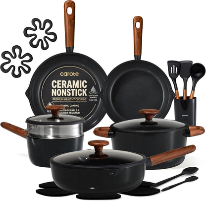 21Pcs Ceramic Cookware Set, Pots and Pans Set | Non-Toxic Healthy Cooking Set with Silicone Lids, Dishwasher Safe, Even Heating, with Steamer & Silicone Trivet, PFAS FREE1