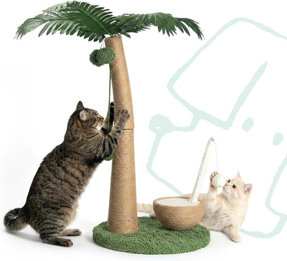 33" Tall Cat Scratching Post, Natural Jute Cat Scratcher for Indoor Cats,Coconut Tree & Straw Design with Hanging Toy Ball & Rest Platform,Stable Furniture Protector for Kittens & Adult Cats,M1