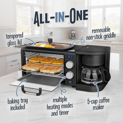 3-In-1 Retro Breakfast Station - Includes 5 (4 Oz) Cup Coffee Maker, Non-Stick Ceramic Griddle, and 4-Slice Toaster Oven - Built-In Timer, Reusable Coffee Filter, Space-Saving Design - Black4