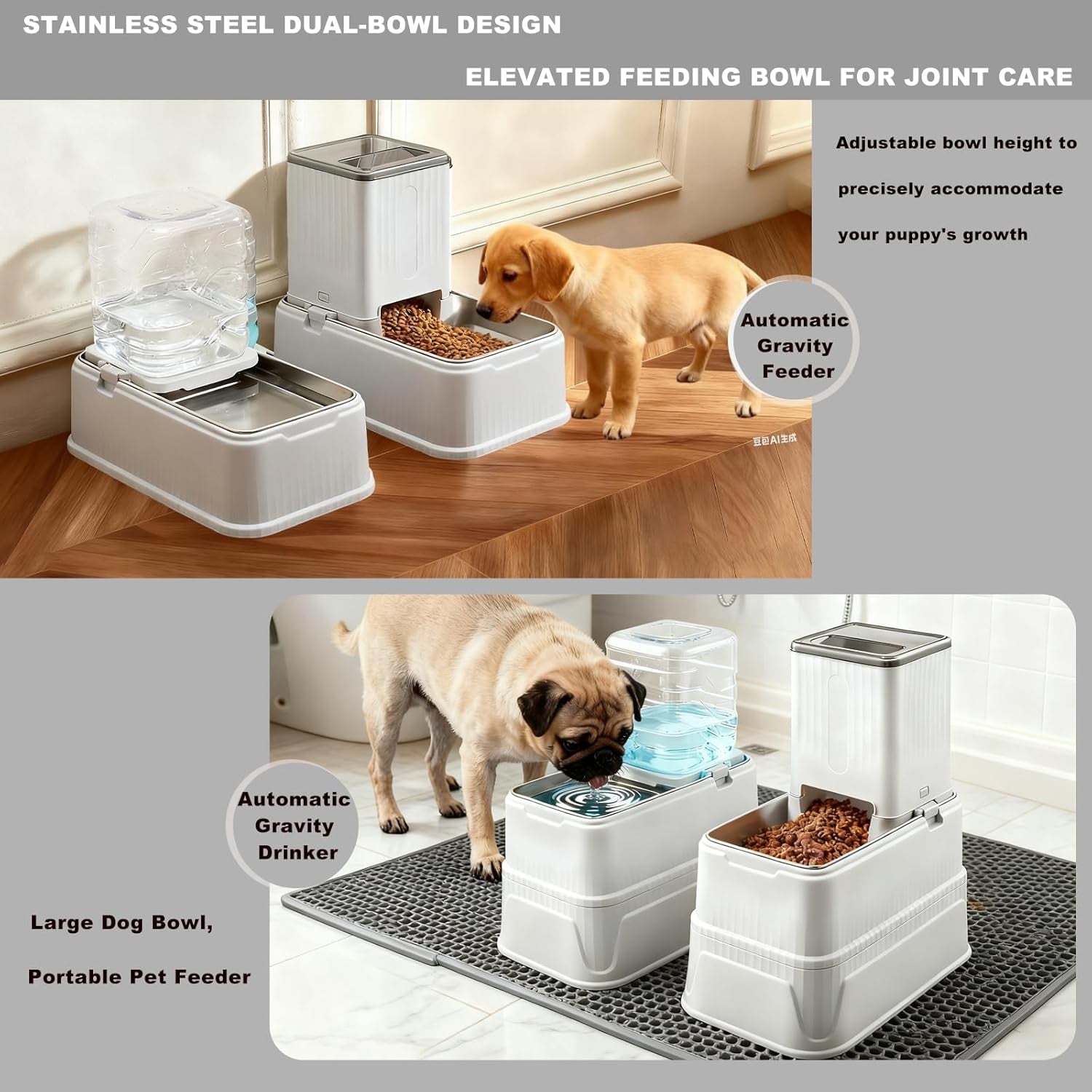 elevated-dog-bowls-set-1-gallon-automatic-gravity-food-feeder-water-dispenser-with-stainless-steel-bowls-adjustable-elevated-feeder-for-small-medium-large-dogs-anti-choking-neck-protection