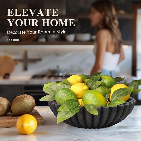 Large Decorative Bowl, Modern Handicraft Bowls for Home Decor, Decorative Fruit Bowl for Kitchen, Ruffle Bowl Decor, Stylish Key Bowl for Entry Table, Artificial Stone Black6