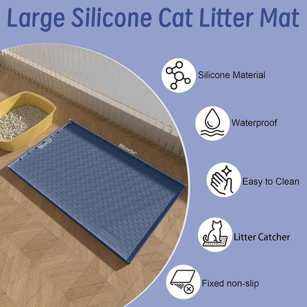 Silicone Large Cat Litter Mat 34" X 22", Cat Mat for Litter Box, Cats Litter Trapping Mat, Non-Slip and Waterproof, Raised Edges, Blue2