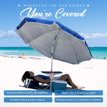 7Ft Heavy Duty High Wind Beach Umbrella with Sand Anchor, Built-In Table Tray Vent Tilt Pole, UPF 50+ Windproof Portable Outdoor Umbrellas Carry Bag for Patio Garden Pool Backyard Stripe8