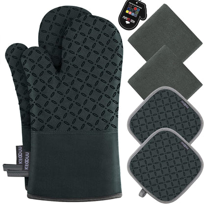 Oven Mitts and Pot Holders 6Pcs Set, Kitchen Oven Glove High Heat Resistant 500 Degree Extra Long Oven Mitts and Potholder with Non-Slip Silicone Surface for Cooking (Deep Green)1