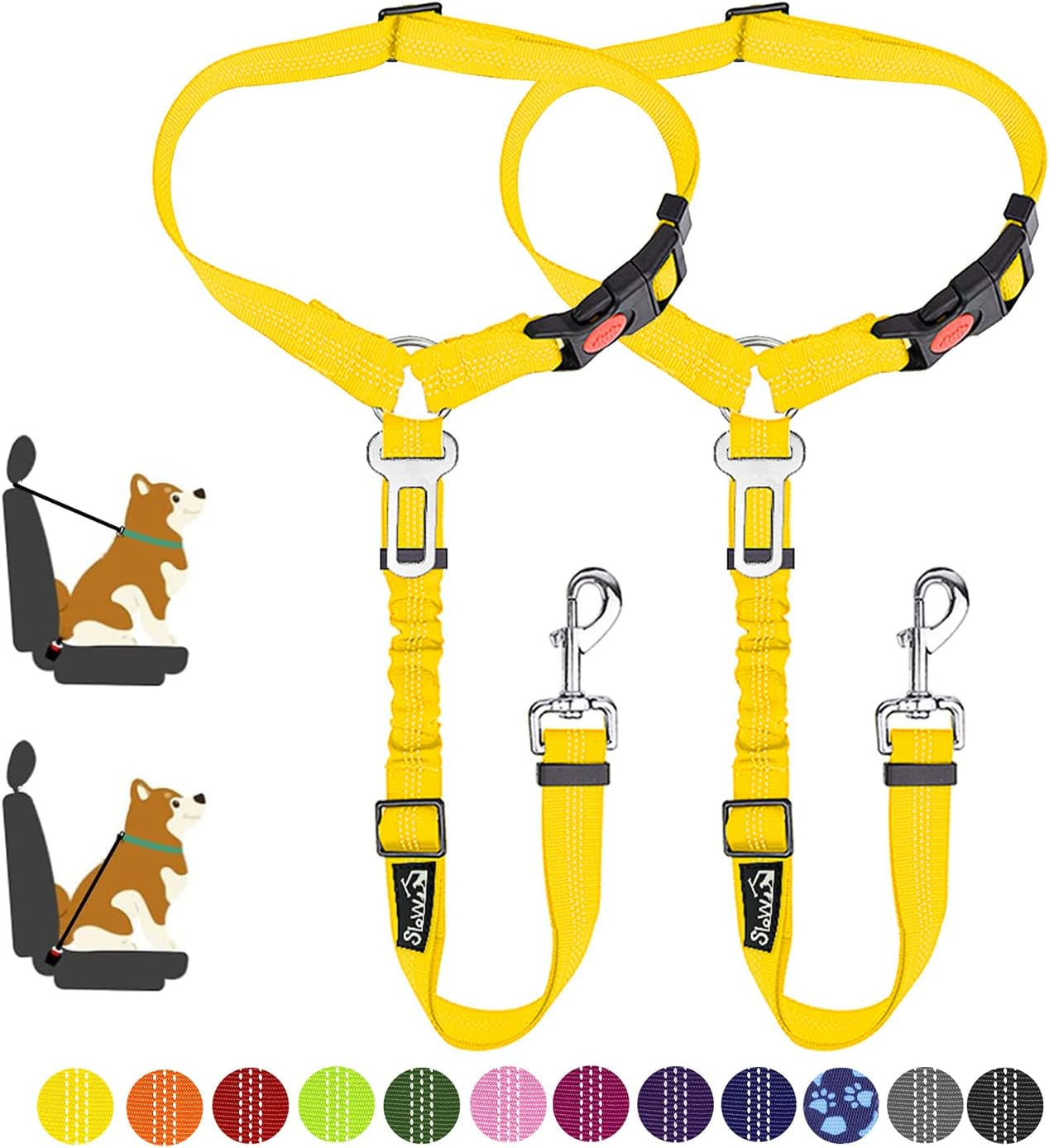 slowton-dog-seat-belt-for-car-2-pack-dog-car-harness-seatbelt-adjustable-with-elastic-bungee-buffer-2-in-1-pet-car-leash-headrest-restraint-dog-reflective-safety-tether-black-headrest-clip