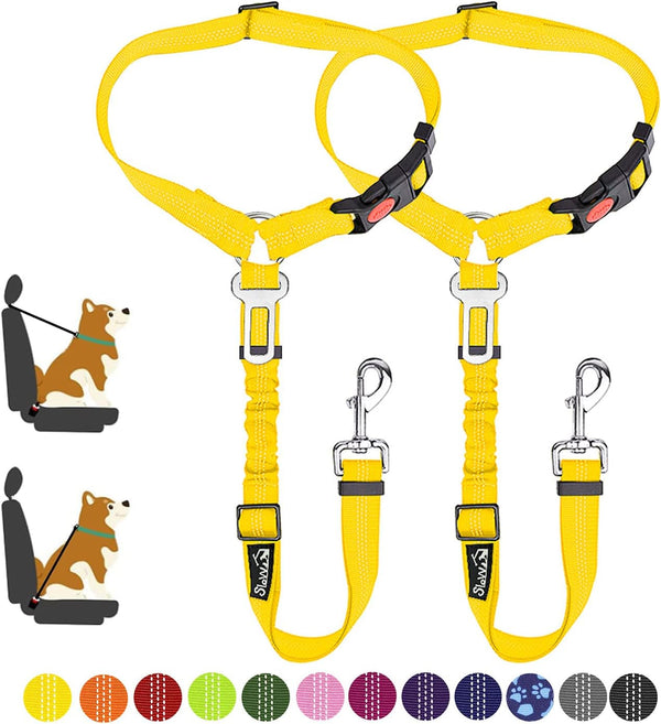 Slowton Dog Seat Belt for Car, 2 Pack Dog Car Harness Seatbelt Adjustable with Elastic Bungee Buffer, 2 in 1 Pet Car Leash Headrest Restraint Dog Reflective Safety Tether (Black, Headrest+Clip)18