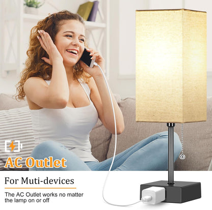 15'' Bedside Table Lamp for Bedroom Small Night Light Lamps for Night Stand | Pull Chain Table Lamps for Night Stands with AC Outlet，Desk Lamp with 2 Bulbs Lamp for Living Room Kids Room Office Decor6