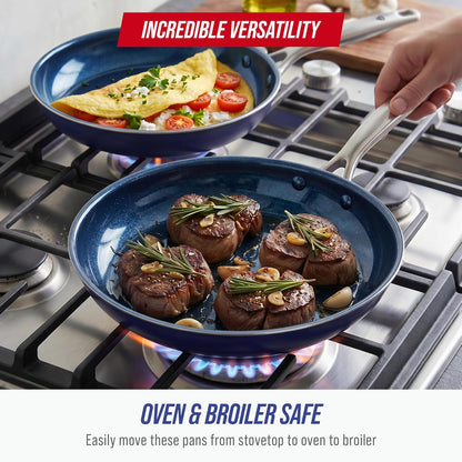 2 Piece Nonstick Frying Pan Set, 9.5” & 11" Skillets, Pfas-Free Ceramic, Dishwasher & Oven Safe, Stainless Steel Handle, Durable Metal Utensil Safe, Egg & Omelet Pans, Blue | 9.5" X 11" Skillets, Pfas-Free Ceramic Nonstick, Dishwasher & Oven Safe, Stay Cool Handle, Durable Metal Utensil Safe7
