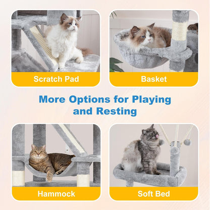 Hey-Brother Cat Tree Tower with Sturdy Supporting Posts, 2 Condos, MPJ082W- | 82.7 Inches Multi-Level Cat Tower with 5 Teaser Toys, Sisal Scratching Posts, Large Bed, Hammock for Indoor Cats, Light Gray7
