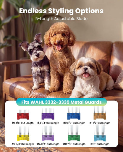 Oneisall Dog Clippers for Grooming Thick Heavy Coats | Low Noise,5 Blade Lengths,Detachable Blade,Fits Wahl'S 3379,3332-3339 Metal Guards,Long Battery Life,High-Speed,4 Guide Combs5