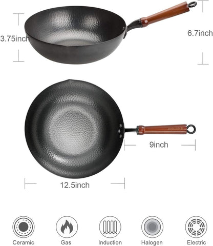 Wok Pan 12.5", Woks and Stir Fry Pans with Lid, Carbon Steel Wok with Cookware Accessories, Flat Bottom Suits for All Stoves3