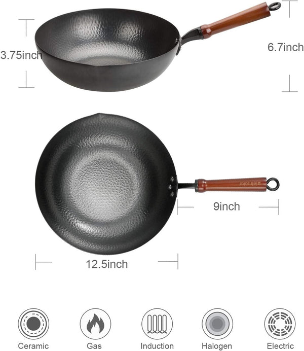 Wok Pan 12.5", Woks and Stir Fry Pans with Lid, Carbon Steel Wok with Cookware Accessories, Flat Bottom Suits for All Stoves3