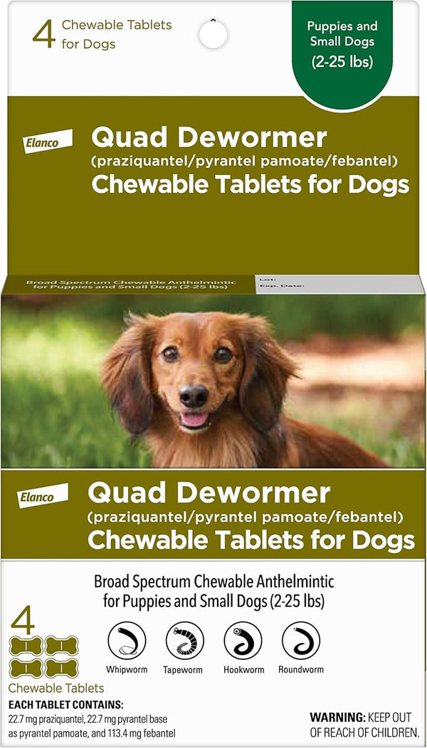 Elanco Chewable Quad Dewormer for Small Dogs, 2-25 Lbs, 4 Chewable Tablets, White1