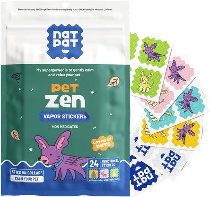 NATPAT Pet Zen Calming Patches for Dogs, Non-Medicated, 24 Count | Plant Based Essential Oils Stress Relief for Travel, Fireworks & Anxiety, Stick-On Design for Collars or Pet Lockets1