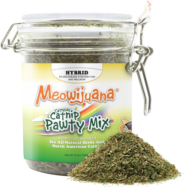 Meowijuana Catnibas Catnip Pawty Mix Jar | High Potency Catnip Blend | Organic Hand-Harvested North American Catnip Blend for Cats; Fine-Ground for Toys, Beds & Scratchers; Play or Calm1