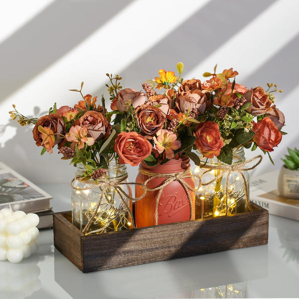 3 Pcs Mason Jar Centerpiece Table Decorations for Dining Table Decor Farmhouse Coffee Table Decor with Wood Tray and Led Light Table Centerpieces for Dining Room Kitchen Living Bathroom,Orange | Rustic Farmhouse Decor for Home Décor Accents Kitchen Counter Decor Dining Room Living Bathroom,Orange2
