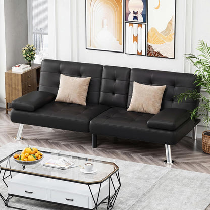 Black Faux Leather Futon Sofa Bed, Loveseat with Adjustable Backrest | Futon Couch with Removable Armrests, Recliner Sleeper Sofa Bed with Dual Cup Holders for Living Room, Apartment, Office|Black7