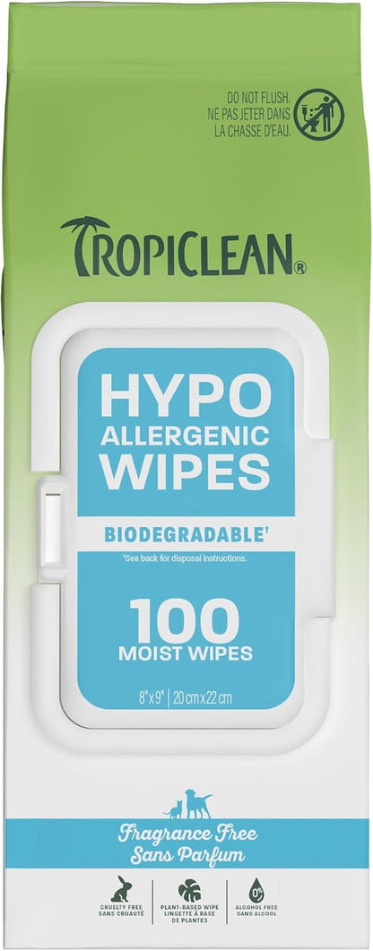Tropiclean Hypoallergenic Dog Wipes, Fragrance Free, 100Ct | for Dogs, Cats, Puppies & Kittens | Sensitive Skin Safe | Gently Removes Dirt & Dander1