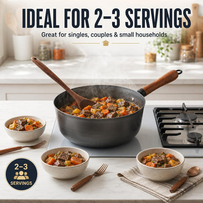 4 Qt Nitrided Carbon Steel Deep Wok with Lid, Flat Bottom | Deep 4 Qt Nitrided Steel for Braising, Soups, Noodles and One-Pot Meals; Wooden Handle; Gas, Electric and Induction Ready.2