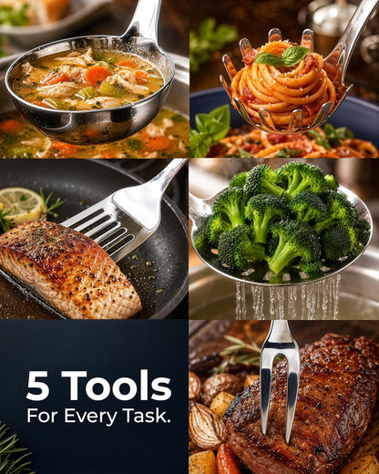 Stainless Steel 5 Piece Cooking Utensil Set | Stainless Steel Kitchen Utensil - Durable Kitchen Gadgets - Metal Kitchen Accessories - Easy to Clean Tools - 5 Piece Set6