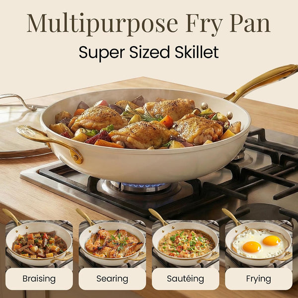 14 Inch Large Nonstick Frying Pan with Lid, Cream | Extra Large Skillet, PFOA/PFOS/PTFE Free Ceramic Coating, Stay-Cool Handle, Oven & Dishwasher Safe3