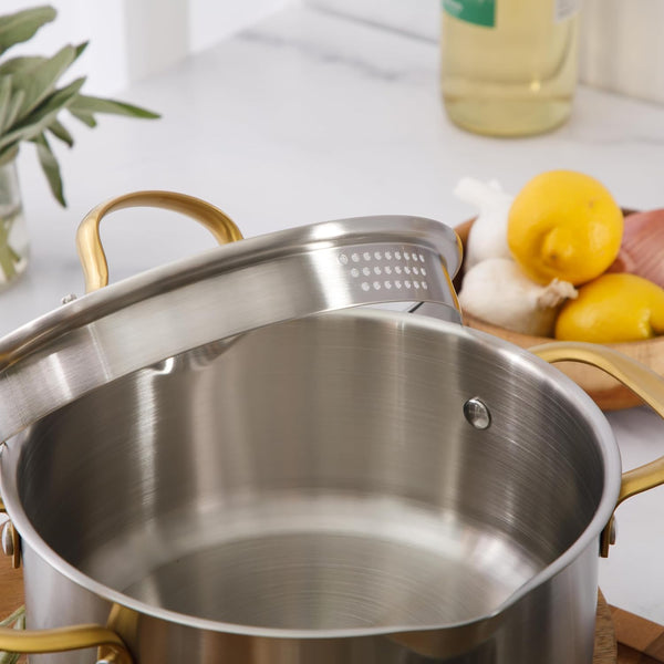 Oster Platinum Sunstreak Pots and Pans Set, 10-Piece Stainless Steel Cookware Set with Glass Strainer Lids and Gold Handles, Induction Cookware Set6