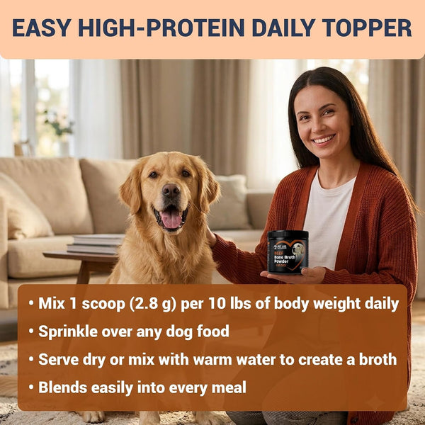 Beef Bone Broth for Dogs - High Protein Human Grade Food Topper for Joint, Bone, Immune, Digestive, Skin & Coat Support - Single Ingredient Dog Bone Broth, Unflavored Powder for All Ages & Breeds3
