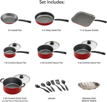18 Piece Nonstick Cookware Set - Red - Aluminum Construction, Dishwasher Safe, Compatible with Gas, Electric, Ceramic Cooktops - Includes Sauté Pans, Griddle, Dutch Oven, Cooking Utensils9