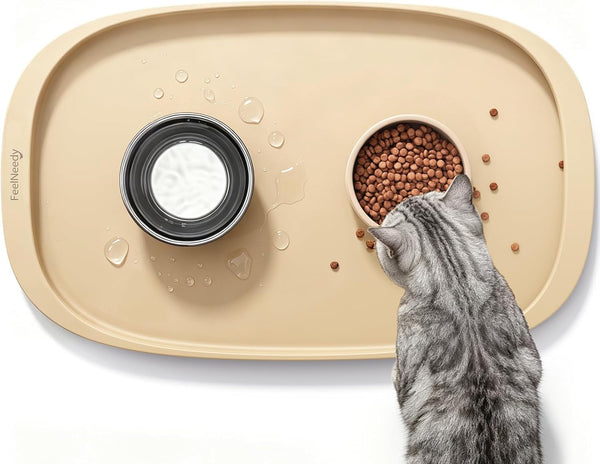 FEELNEEDY Silicone Cat & Dog Food Mat Waterproof, High Raised Edges for Leakage Protection, Dog Mat for Food and Water, Non-Slip Drip Tray, Easy Clean 18 * 12 * 0.5 Inches Feeding Pad (Small, Beige)1