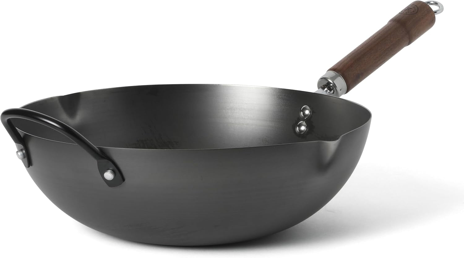 chisholm-13-5-inch-carbon-steel-nonstick-wok-pfas-free-wok-pan-flat-bottom-stir-fry-pan-with-long-walnut-wood-handle-helper-handle-black
