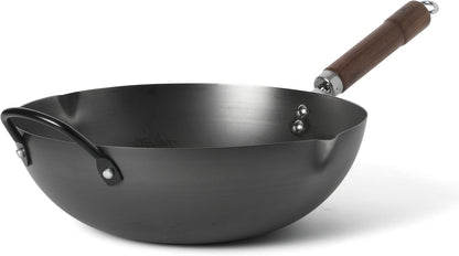 Chisholm 13.5-Inch Carbon Steel Nonstick Wok, Pfas-Free Wok Pan & Flat Bottom Stir Fry Pan with Long Walnut Wood Handle & Helper Handle, Black1
