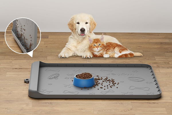 Dog Food Mat 36"X24" - Silicone Dog Mat for Food and Water Large Pet Feeding Mats with Residue Collection Pocket - Waterproof Dog Cat Bowl Mat with High Edges to Prevent Water Food Spills (Gray)14