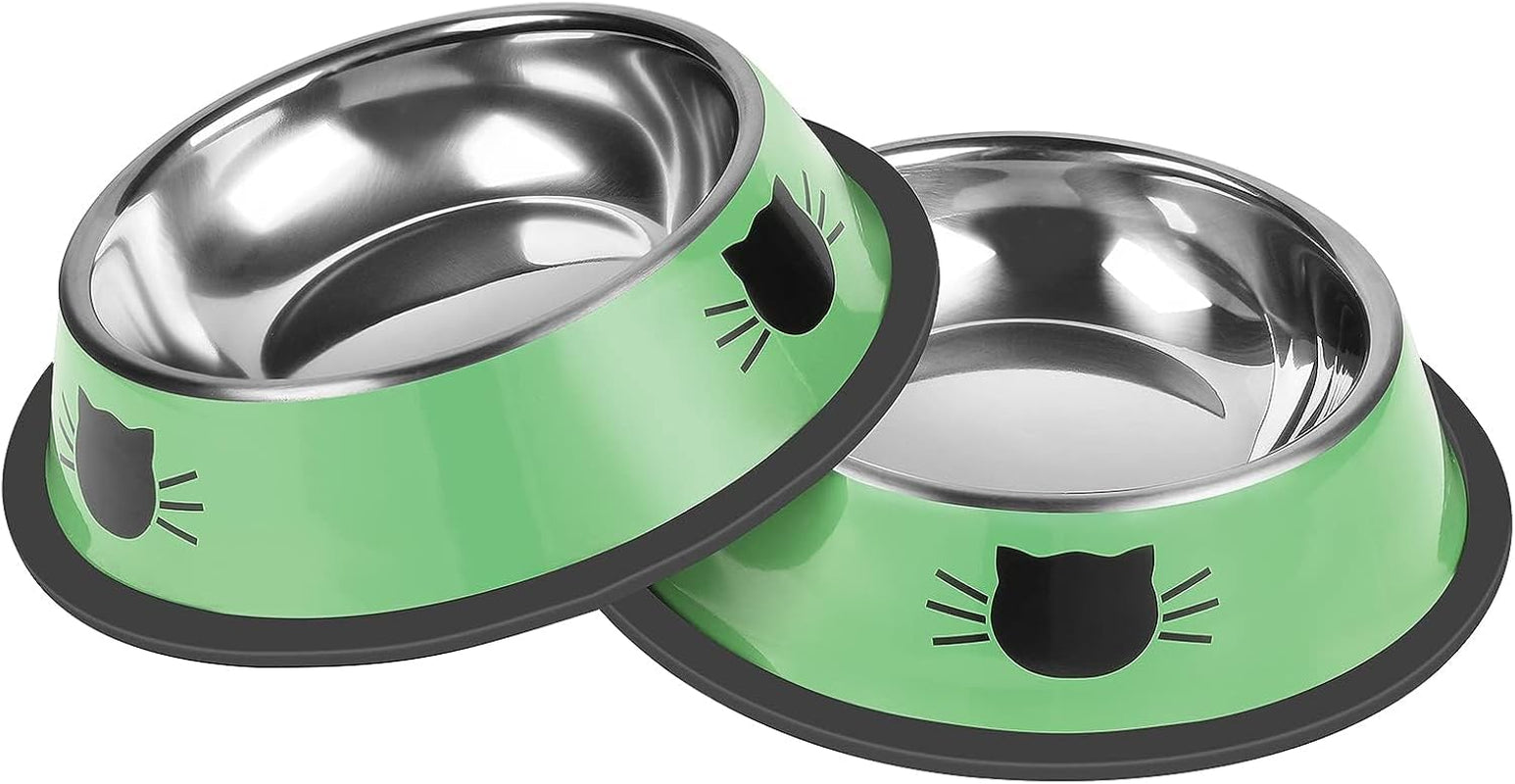 serentive-2-pcs-non-slip-stainless-steel-small-cat-food-bowls-unbreakable-thicken-7-oz-cat-dishes-indoor-removable-rubber-base-easily-clean-lovely-color