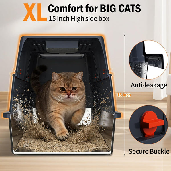 Stainless Steel Litter Box with Lid, Enclosed Metal Litter Box, Extra Large Kitty Litter Pan Covered with Scoop & Pedal, Odor Control, Odor Free, Front & Flip-Top Entry, Black5