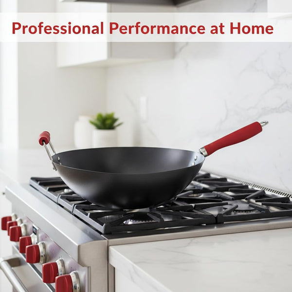 14 Inch Red Wok with Flat Bottom, Carbon Steel Stir Fry Pan with Wooden Handle, Deep Cooking Wok for Gas, Electric & Induction Stovetops7