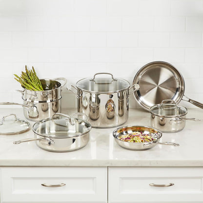 Chef’S Classic 11-Piece Stainless Steel Pots and Pans Set, Cookware Set Compatible with Induction, Electric, Gas Cooktops, Aluminum Core for Even Heat, Cool Grip Handles, Dishwasher Safe |  Stainless Steel Cookware Set, Dishwasher Safe, Oven Safe to 500°F & Gas/Electric/Induction Compatible, 77-11G2