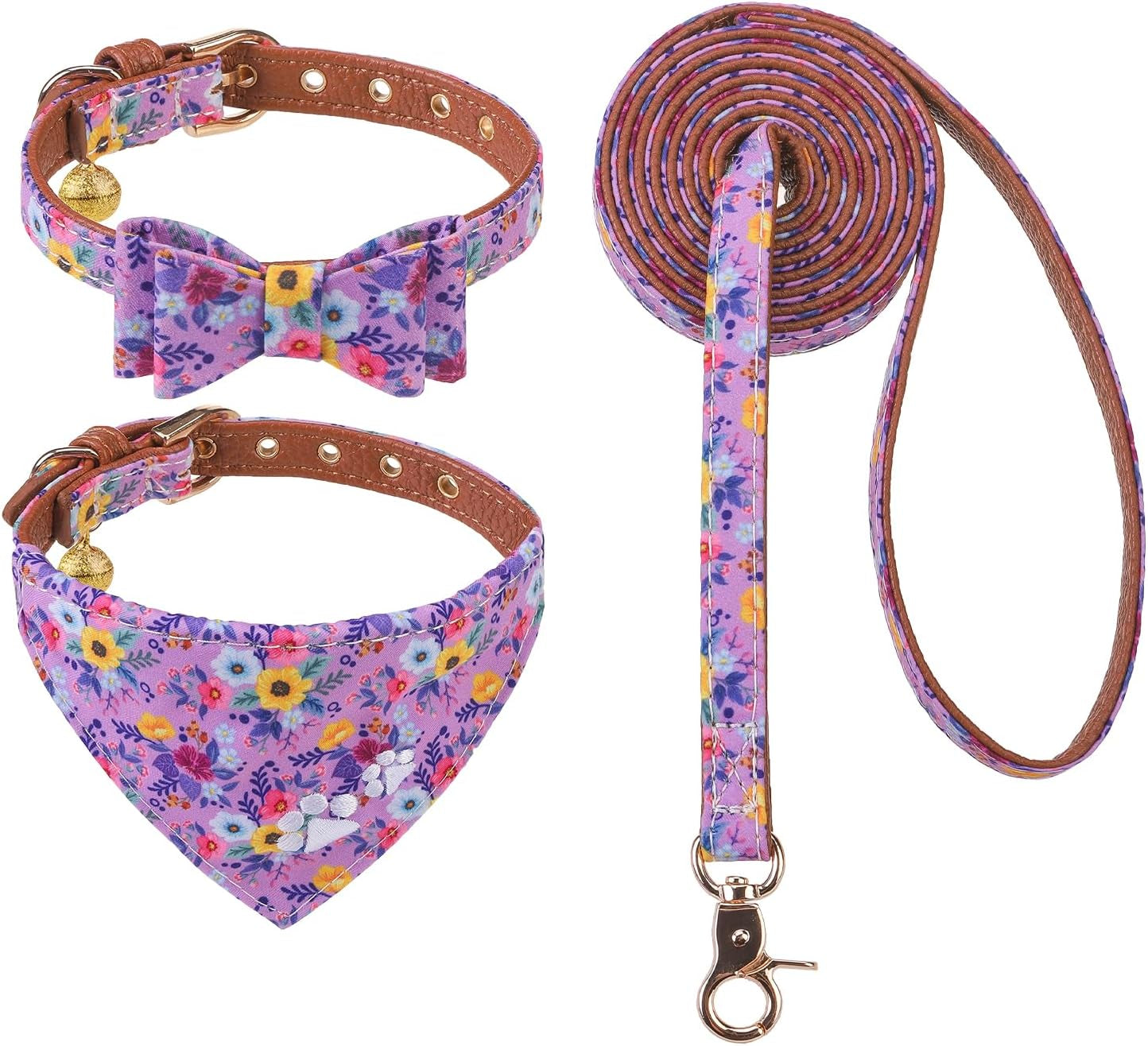 expawlorer-puppy-collar-and-leash-set-embroidery-pawprints-plaid-dog-collar-and-dog-leash-set-bow-tie-and-bandana-dog-collar-with-bell-cute-collar-and-leash-for-dogs-cats-outdoor-walking-blue-s