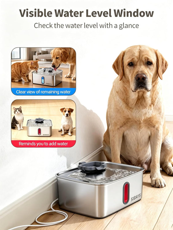 SIBAYS 4Gal/15L Dog Water Fountain for Large Dogs, Stainless Steel Large Pet Water Fountain, Ultra Quiet Automatic Dog Water Bowl Dispenser with Water Level Window and LED Light(Fs78, Silver-Grey)6