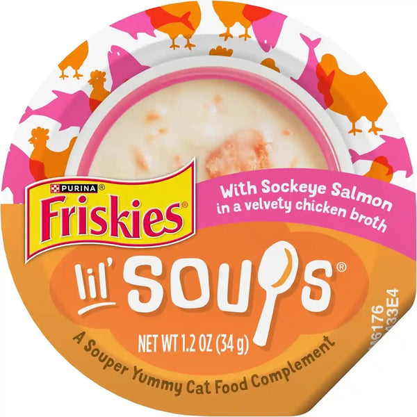 Purina Friskies Grain Free Lickable Cat Food Toppers Lil’ Soups with Sockeye Salmon in Chicken Broth - (Pack of 8) 1.2 Oz. Cups1