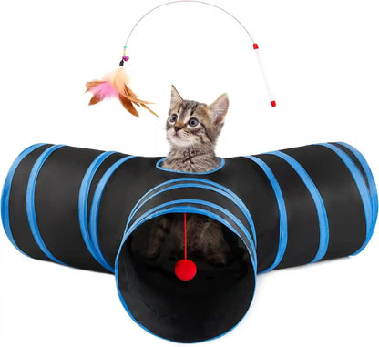 Love’S Cabin Cat Tunnel for Indoor Cats, 3-Way Collapsible Play Tunnel with Teaser Wand, Peek Holes & Toy Ball, Small Pet Toy for Kittens & Rabbits, Black & Blue, Small Size15