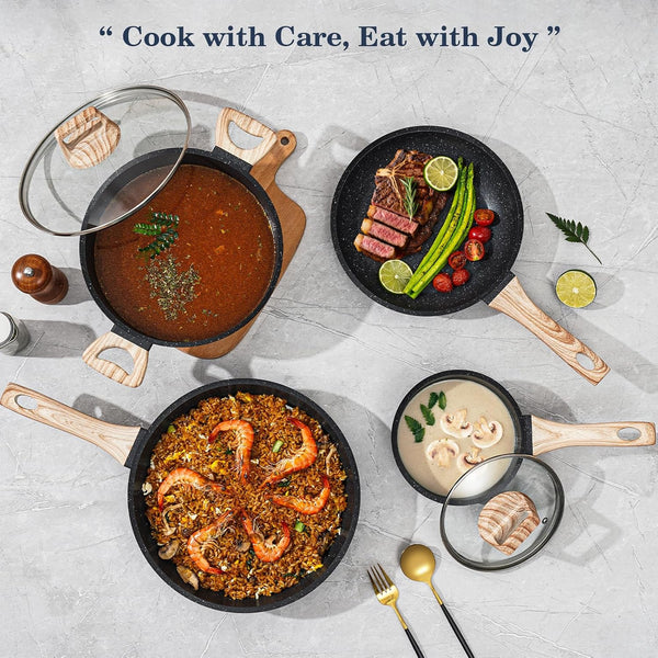 Pots and Pans Set Non Stick, 12Pcs Black Granite Induction Cookware | PFAS/PFOA/PFOS Free, Healthy Nonstick Kitchen Cookware Sets, Includes Fry Pans & Saucepans.8